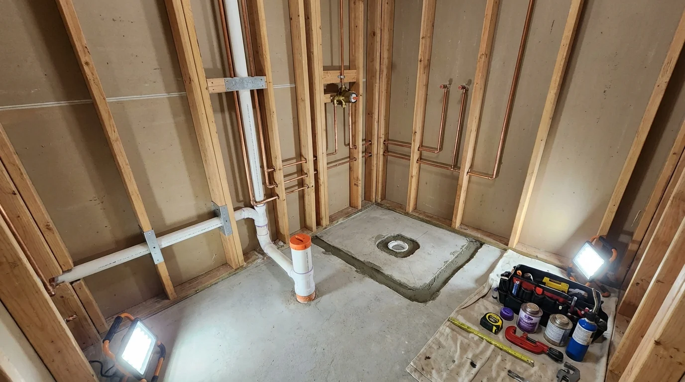 Bathroom rough-in plumbing during remodel by Johns Plumbing LLC in Ville Platte