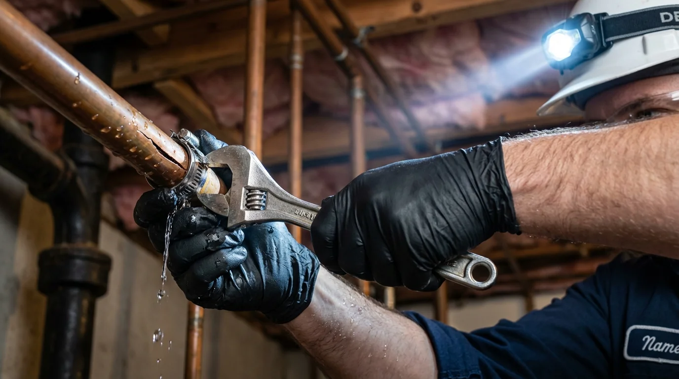 Emergency pipe clamp repair being performed by a Johns Plumbing LLC plumber in Ville Platte