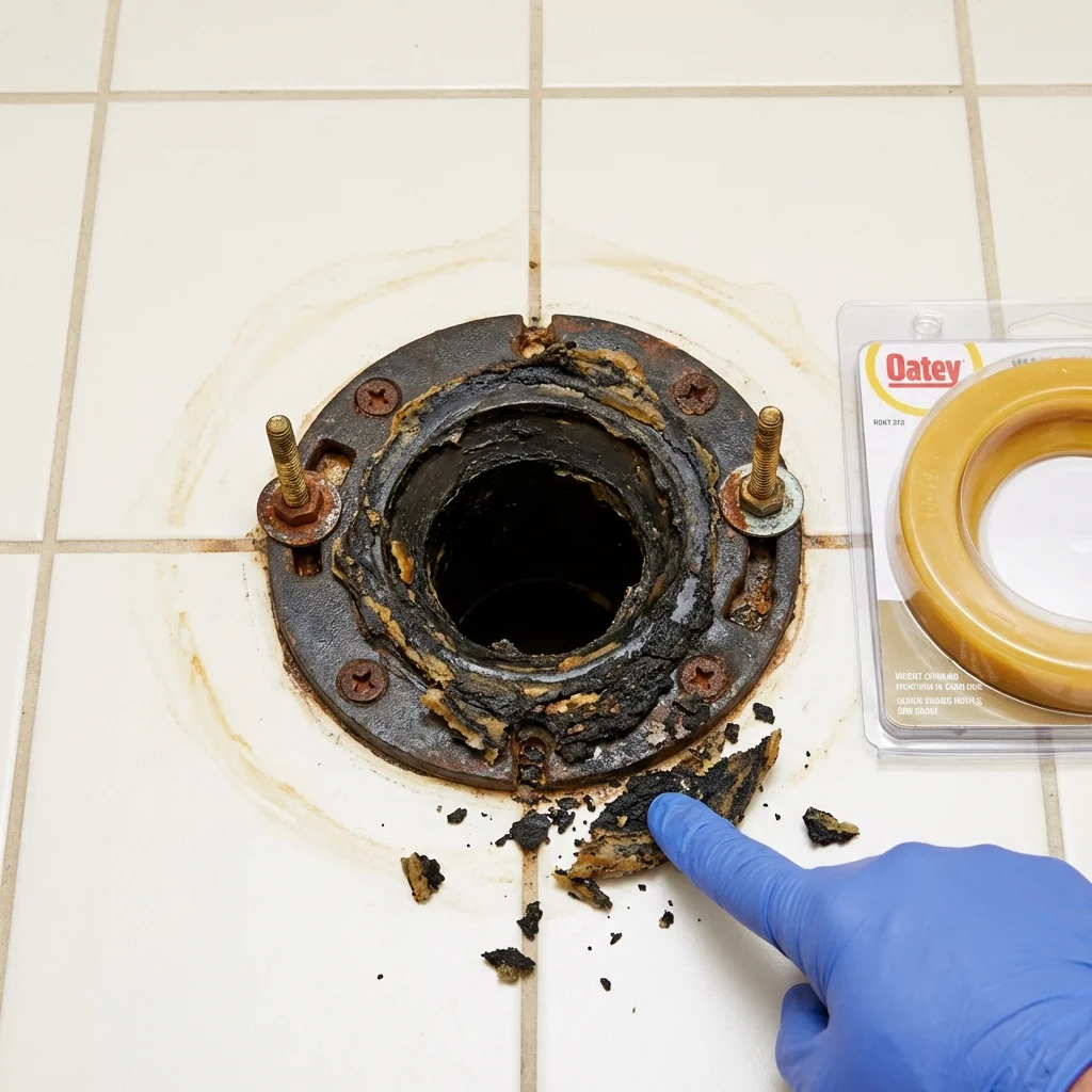 Failed wax ring showing water seepage at the base of a toilet in a Ville Platte, LA home