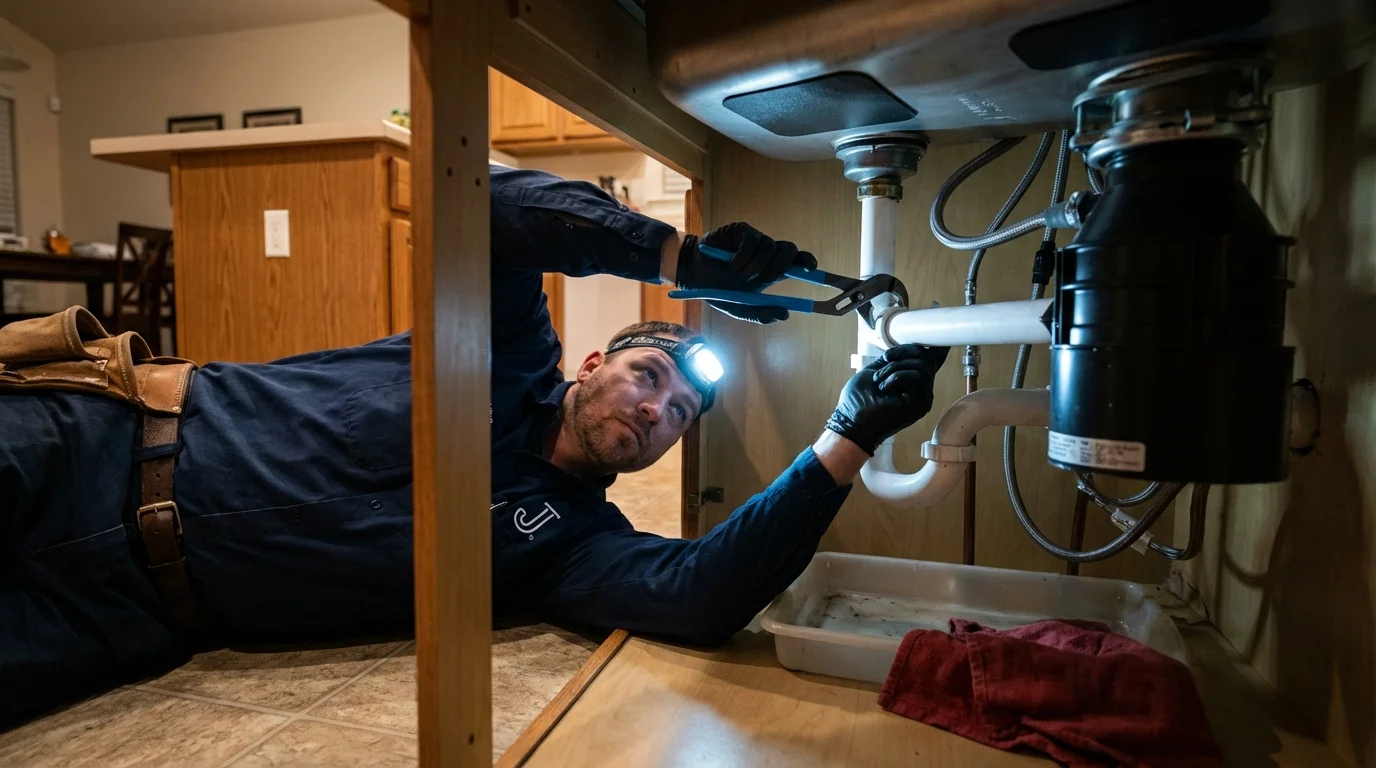 P-trap and supply line connections under a kitchen sink showing a common leak point in Ville Platte, LA